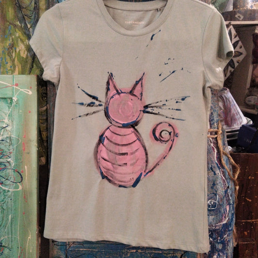 T shirt hand painted pink cat tg large