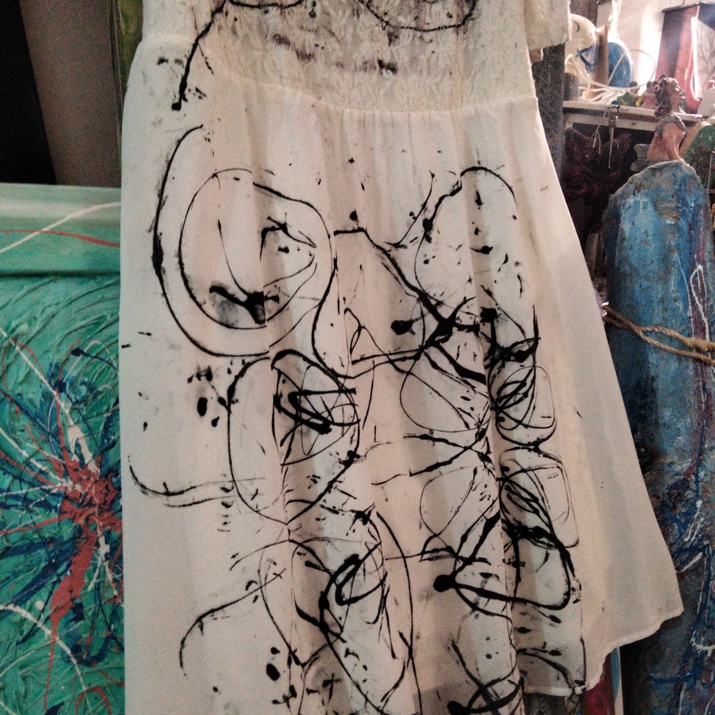 Dress white black hand painted unique abstract tg medium