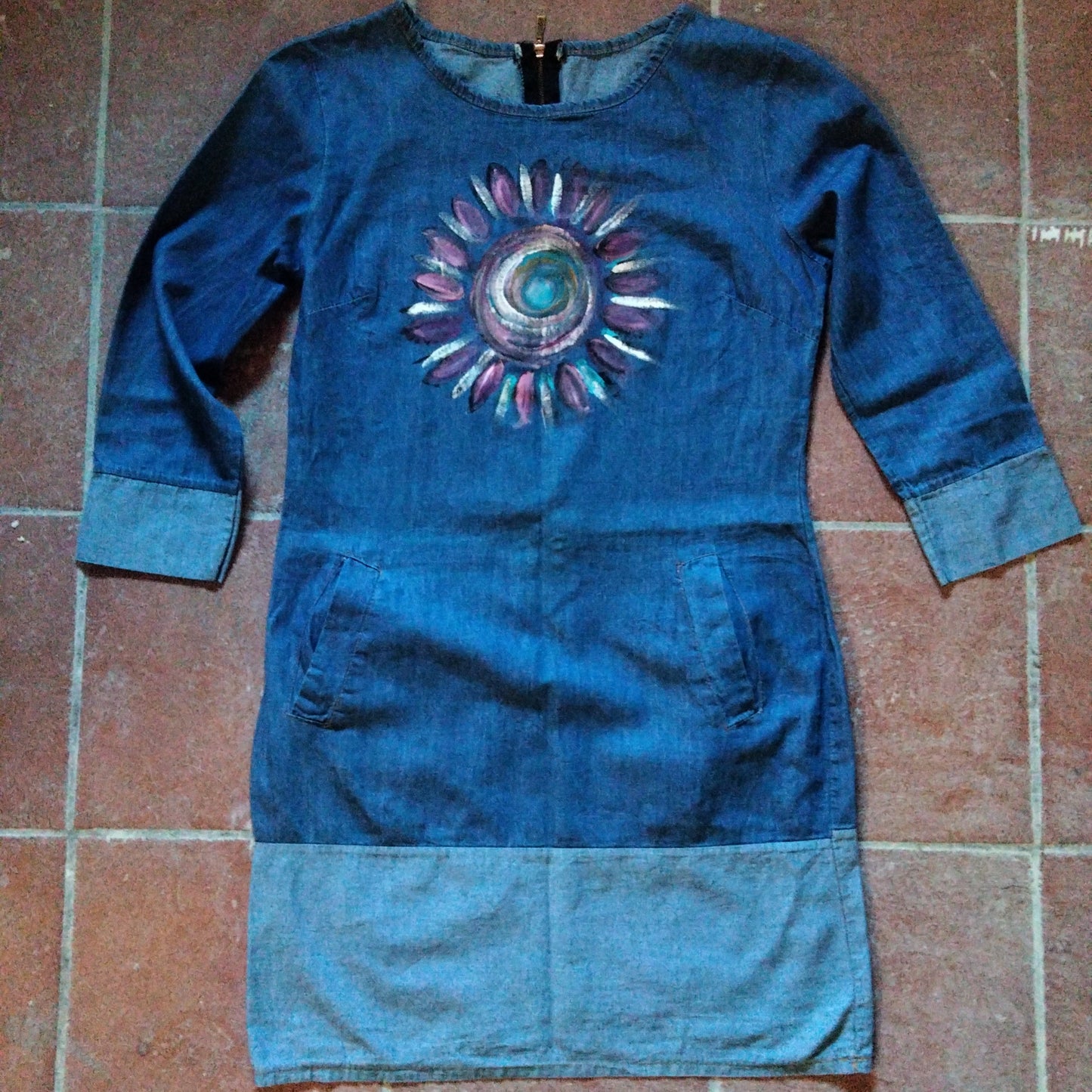 Jeans dress vestito mandala art dipinto a mano tg small