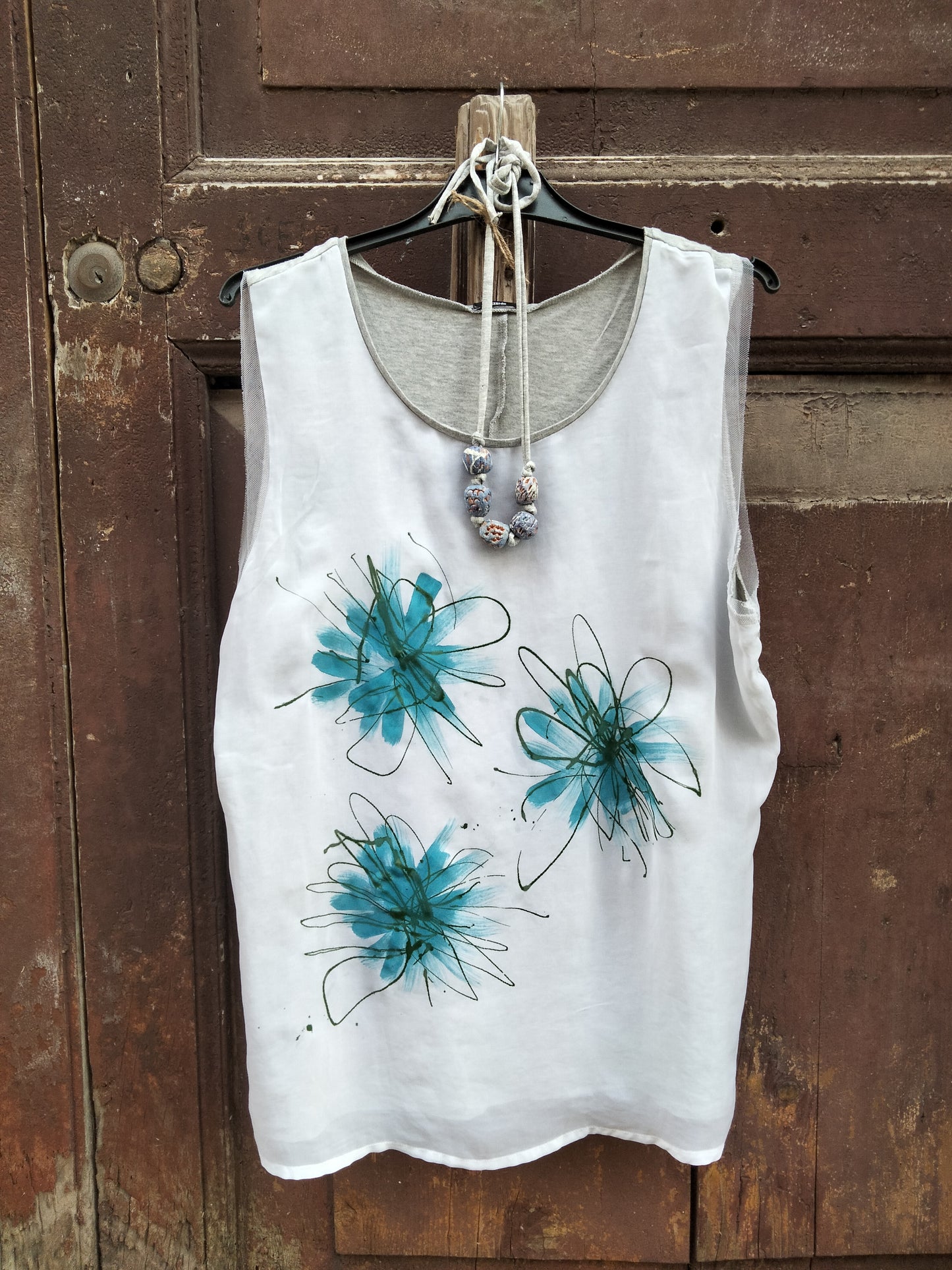 T shirt canotta dipinta a mano flowers tg large