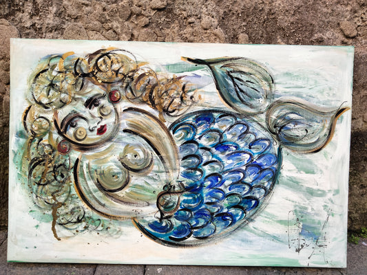 Big Mermaid on Canvas and wood arte sostenibile tema marino